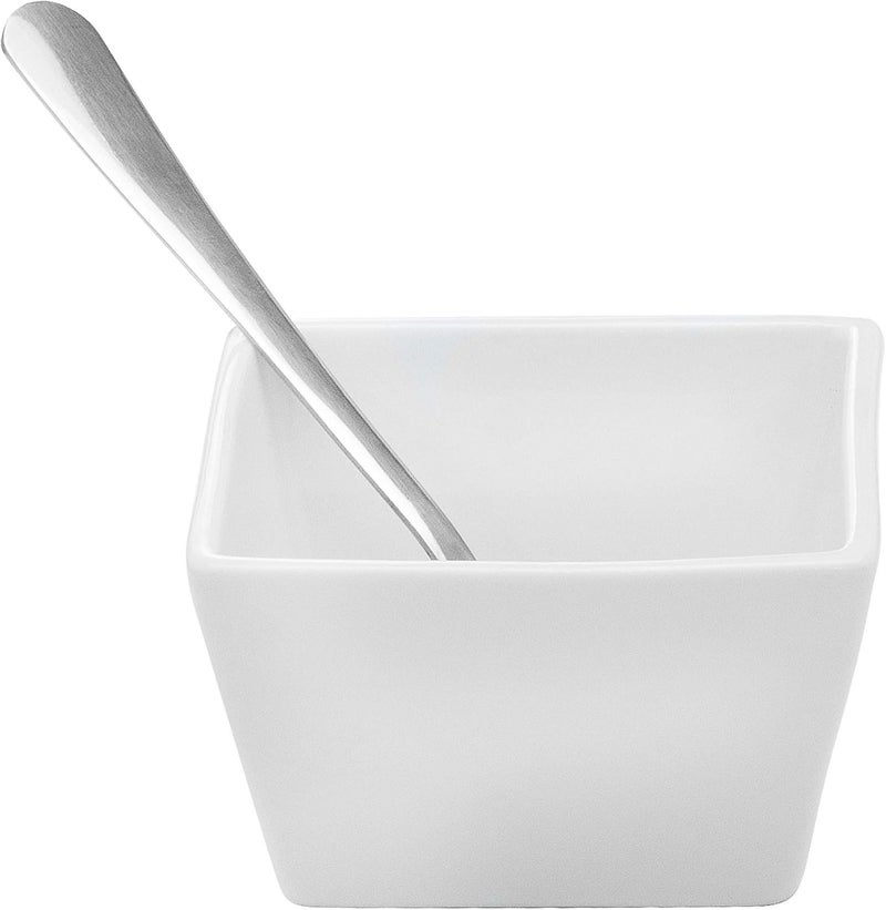 Stephanie Imports White Ceramic Appetizer Condiment Relish Serving Bowl Set of 4 With Spoons  Stainless Steel Tray Modern Square - Image 3