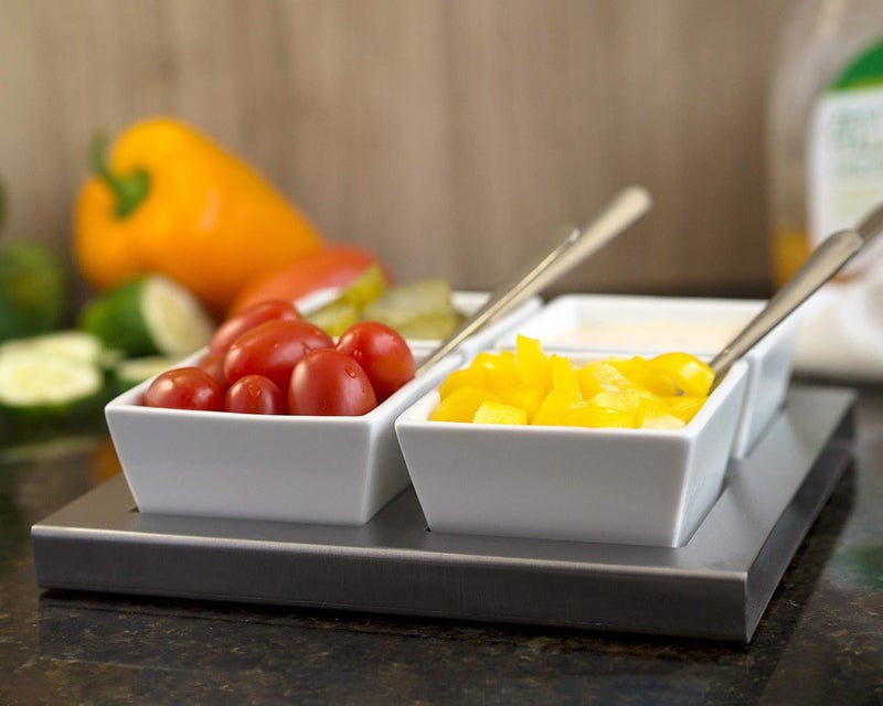 Stephanie Imports White Ceramic Appetizer Condiment Relish Serving Bowl Set of 4 With Spoons  Stainless Steel Tray Modern Square - Image 4