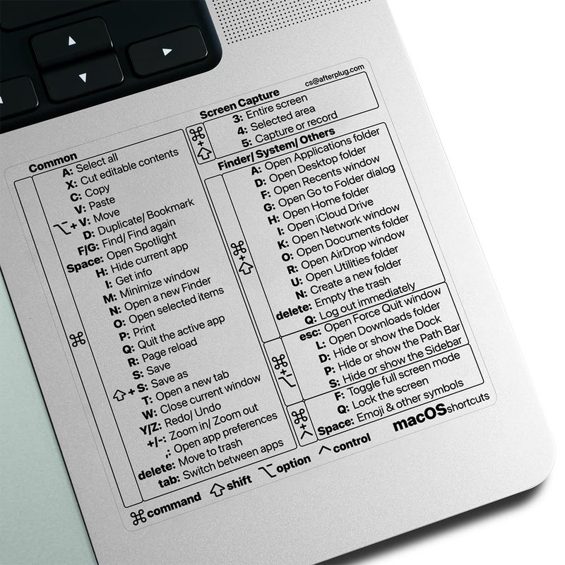 Afterplug Mac OS Keyboard Shortcuts Sticker, 50+ Shortcuts for 13-16 inch MacBook Pro & Air (Sky Blue, Space Gray, Silver & Starlight Only), Residue-Free Vinyl, Clear with Black Text, 1-Pack - Image 1