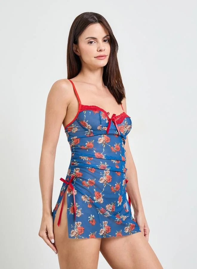 Take Two Blue Floral Mesh Babydoll