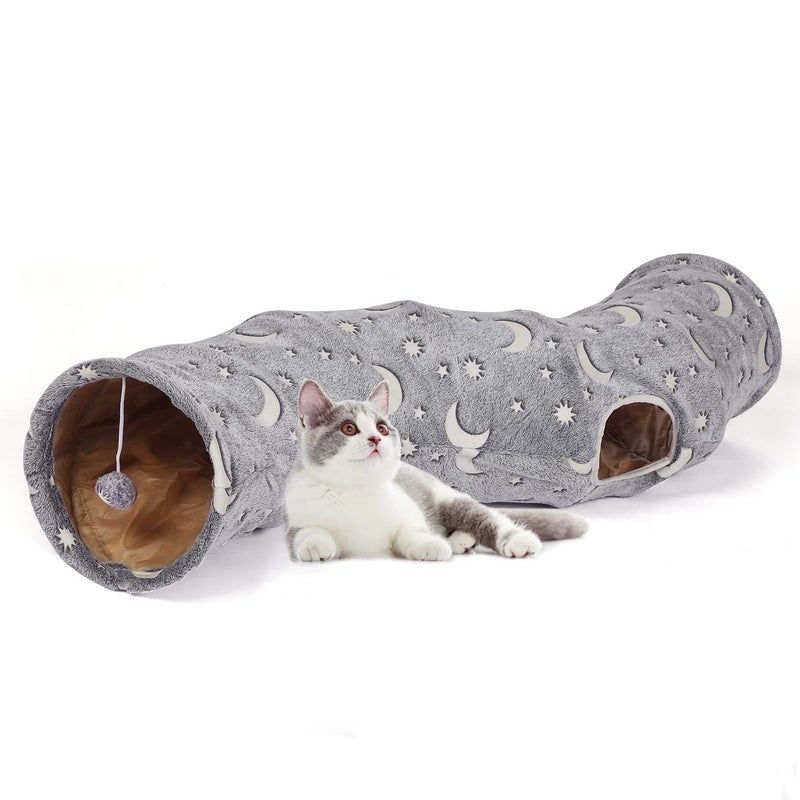 LUCKITTY Cat Tunnel Tube with Plush Ball Toys Collapsible Self-Luminous Photoluminescence, for Small Pets Bunny Rabbits, Kittens, Ferrets,Puppy and Dogs Grey Moon Star (S-Shape) - Image 5