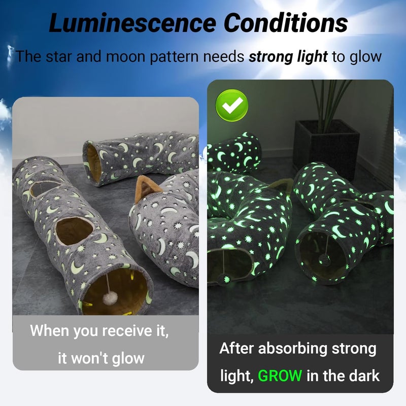 LUCKITTY Cat Tunnel Tube with Plush Ball Toys Collapsible Self-Luminous Photoluminescence, for Small Pets Bunny Rabbits, Kittens, Ferrets,Puppy and Dogs Grey Moon Star (S-Shape) - Image 3