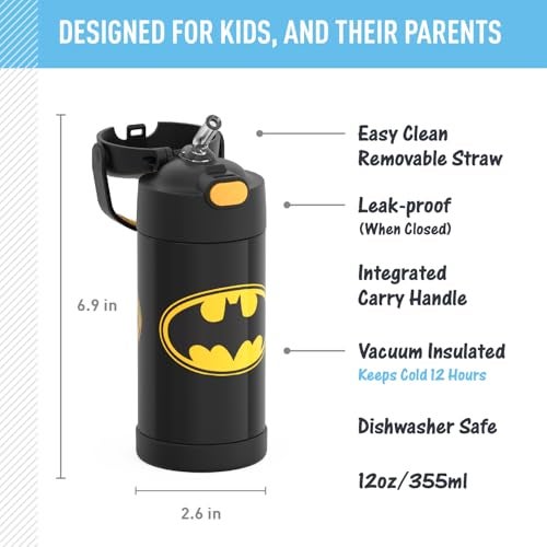 THERMOS FUNTAINER Water Bottle with Straw - 12 Ounce - Kids Stainless Steel Vacuum Insulated Water Bottle with Lid, Batman - Image 2