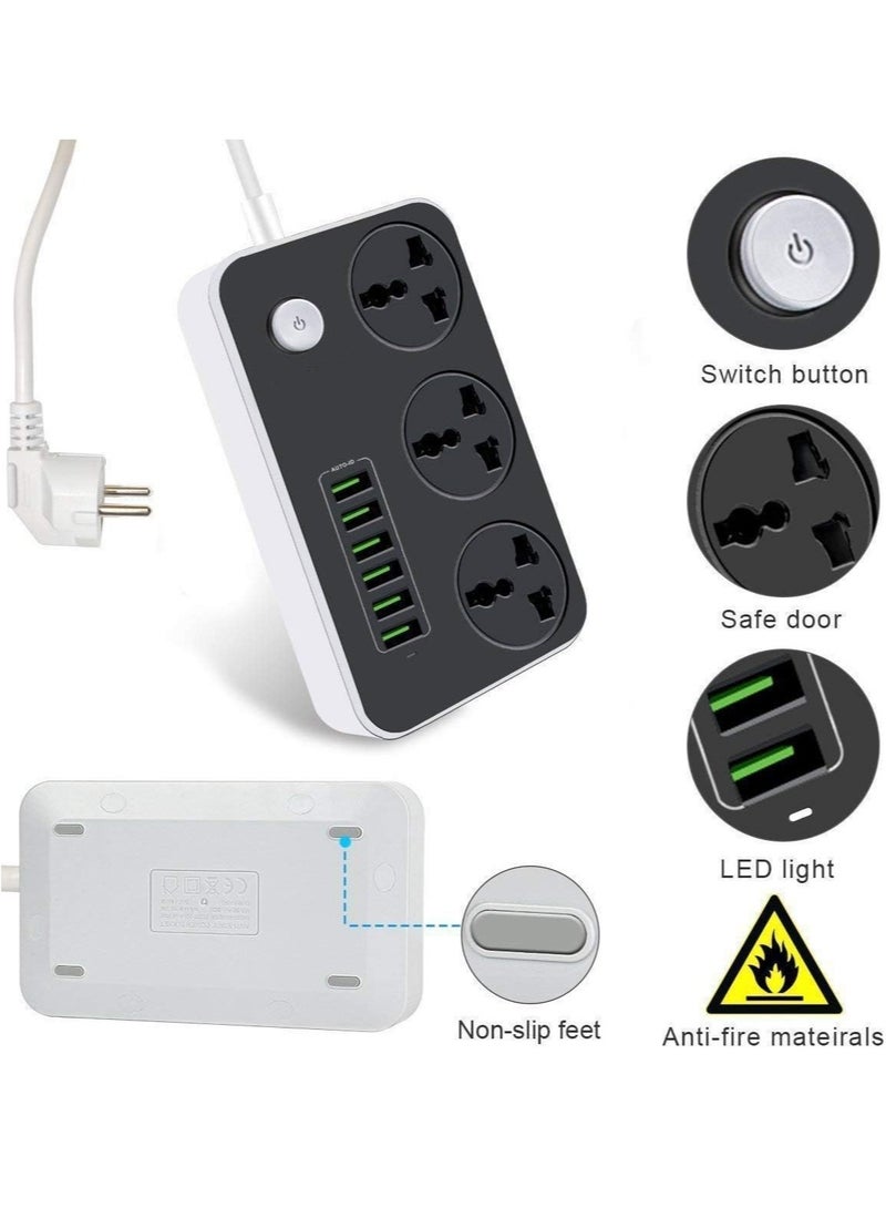 JAJEEK "NEW GLOBAL Extension Cord with 6 USB Slots & 3-Way Plug – Heavy Duty Power Strip with Surge Protector (Black)"  - Image 2