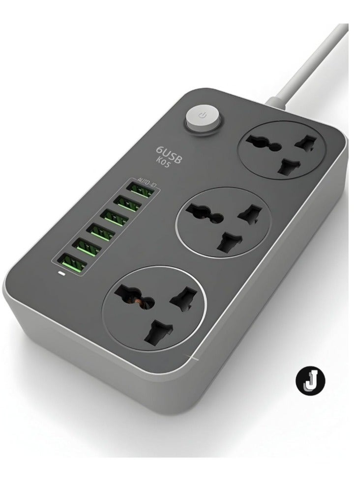 JAJEEK "NEW GLOBAL Extension Cord with 6 USB Slots & 3-Way Plug – Heavy Duty Power Strip with Surge Protector (Black)"  - Image 1