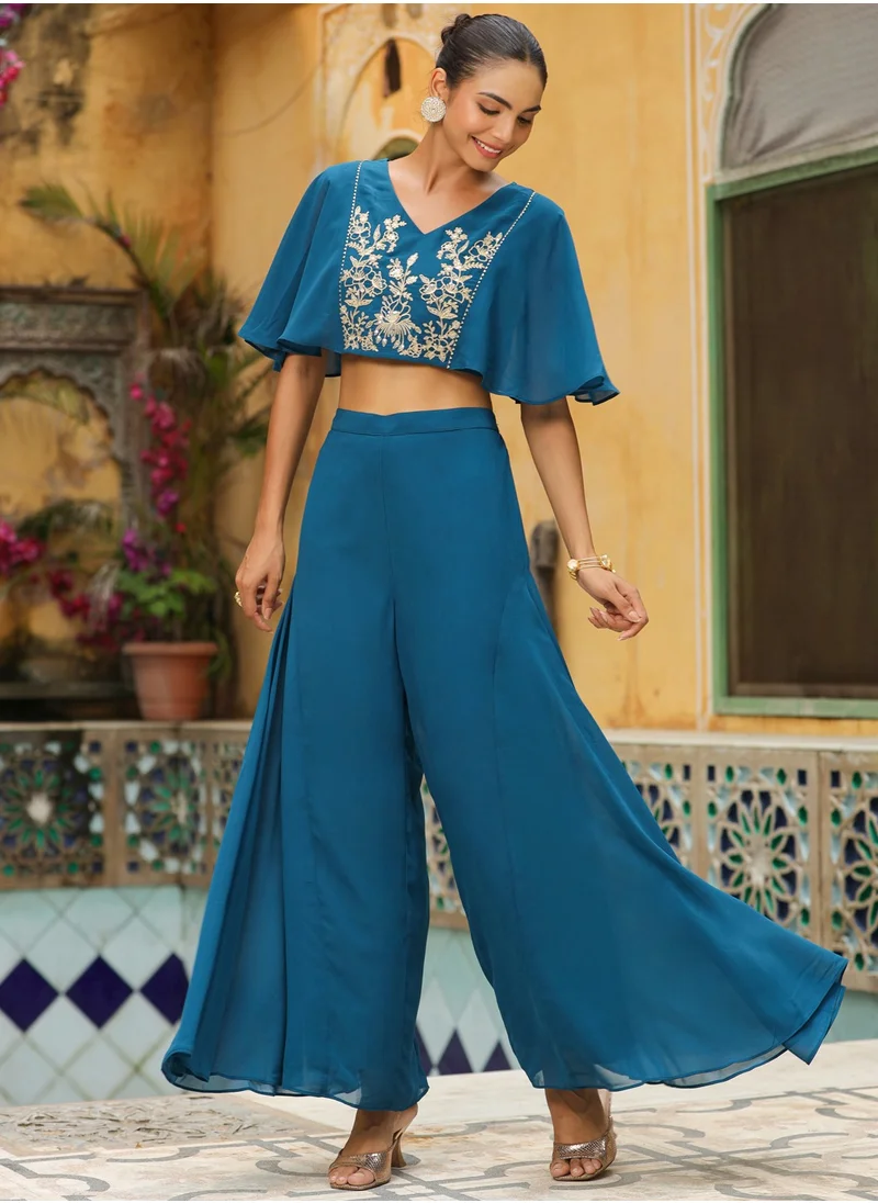 كولابا Teal Weightless Georgette Embroidred Crop Top Co-Ord Set