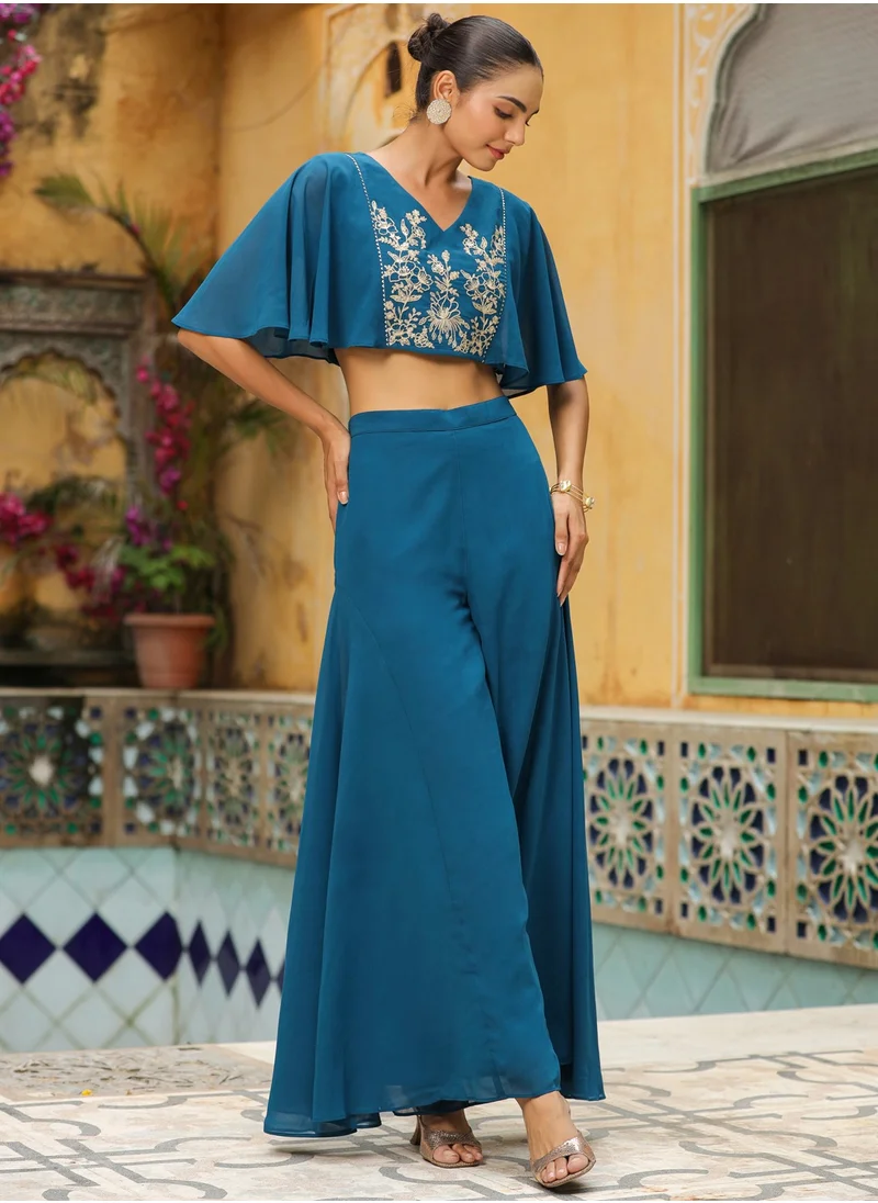 كولابا Teal Weightless Georgette Embroidred Crop Top Co-Ord Set