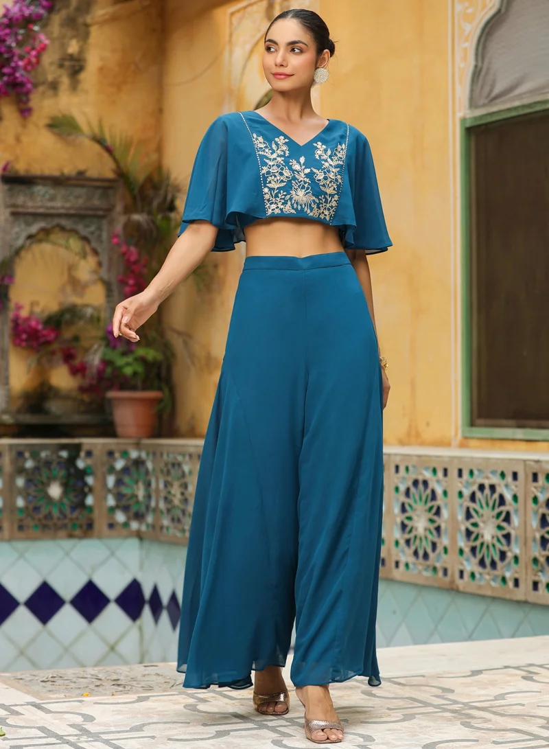 kolaba Teal Weightless Georgette Embroidred Crop Top Co-Ord Set