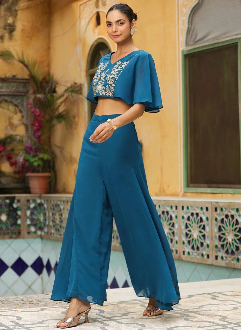 kolaba Teal Weightless Georgette Embroidred Crop Top Co-Ord Set