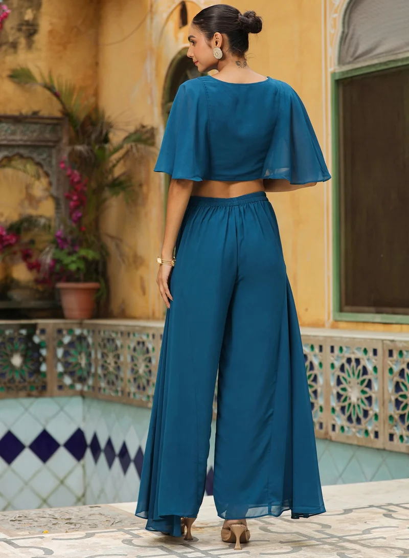 kolaba Teal Weightless Georgette Embroidred Crop Top Co-Ord Set