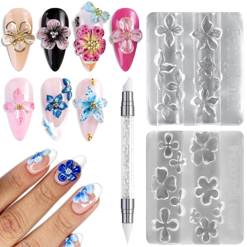 Fcozpjk Silicone Nail Art Molds 2PCS 3D Flowers Nail Charm Molds with Carving Pen Clear Modeling Templates Hibiscus Flowers Cherry Blossom Design Mold for Resin Epoxy Professional Supplies