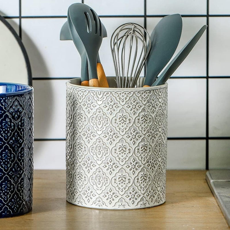 KOOV Kitchen Utensil Holder, Large Utensil Holders for Countertop, 6 x 7 Inches Ceramic Utensil Crock, Deep and Stable, Cooking Utensil Holder, Embossed Pattern, White - Image 5