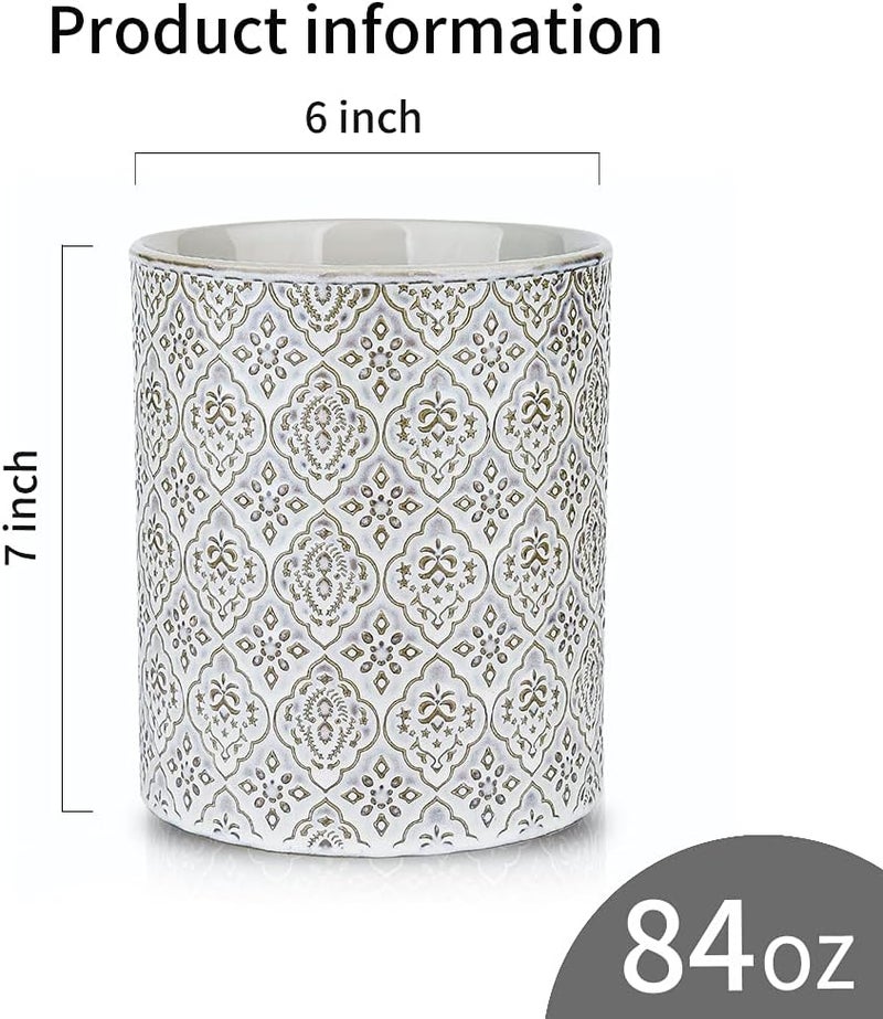 KOOV Kitchen Utensil Holder, Large Utensil Holders for Countertop, 6 x 7 Inches Ceramic Utensil Crock, Deep and Stable, Cooking Utensil Holder, Embossed Pattern, White - Image 3