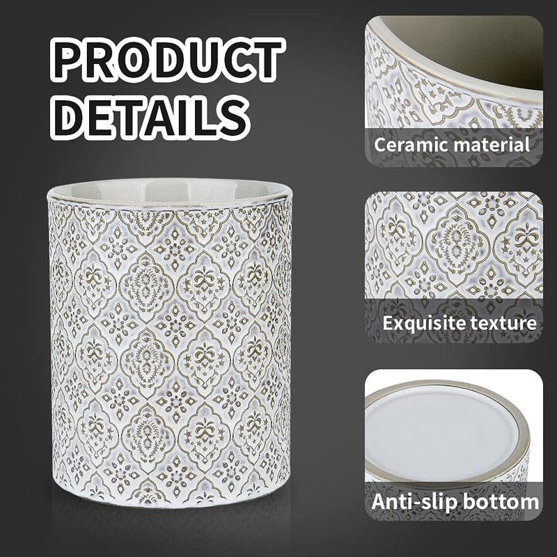 KOOV Kitchen Utensil Holder, Large Utensil Holders for Countertop, 6 x 7 Inches Ceramic Utensil Crock, Deep and Stable, Cooking Utensil Holder, Embossed Pattern, White - Image 2