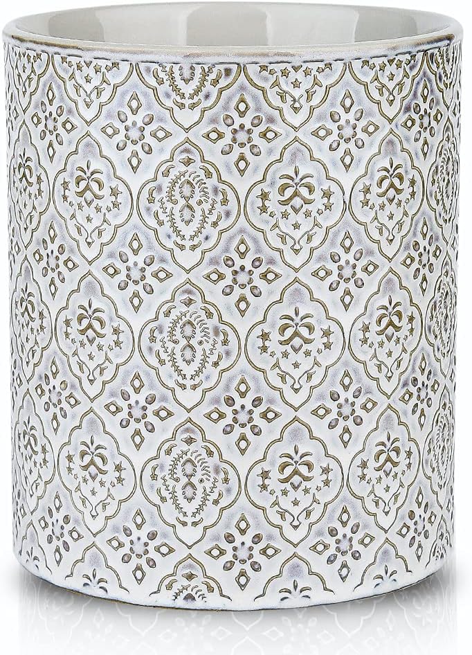 KOOV Kitchen Utensil Holder, Large Utensil Holders for Countertop, 6 x 7 Inches Ceramic Utensil Crock, Deep and Stable, Cooking Utensil Holder, Embossed Pattern, White - Image 1