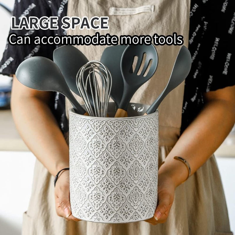 KOOV Kitchen Utensil Holder, Large Utensil Holders for Countertop, 6 x 7 Inches Ceramic Utensil Crock, Deep and Stable, Cooking Utensil Holder, Embossed Pattern, White - Image 4