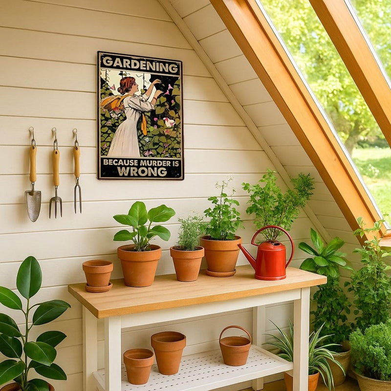 Skyocean Funny Gardening Tin Sign â€“ BECAUSE MURDER IS WRONG 12x8 Inch Vintage Metal Wall DÃ©cor for Garden, Greenhouse, Patio, Yard or Outdoor Shed (Earth tones) - Image 4