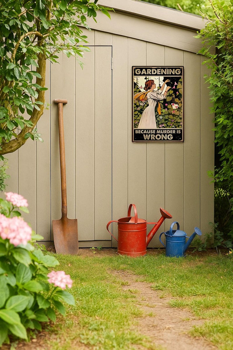 Skyocean Funny Gardening Tin Sign â€“ BECAUSE MURDER IS WRONG 12x8 Inch Vintage Metal Wall DÃ©cor for Garden, Greenhouse, Patio, Yard or Outdoor Shed (Earth tones) - Image 5