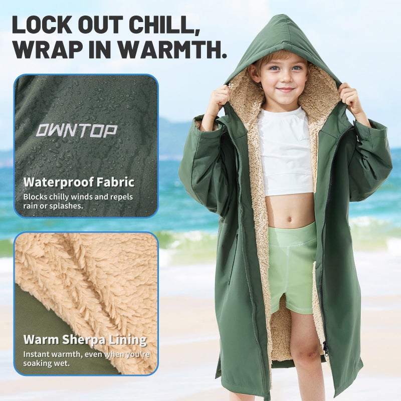 Owntop Swim Parka Kids, Waterproof Surf Poncho, Warm Sherpa Lining, Oversized Hooded Changing Robe Swimming Coat for Beach Pool (Green, XXS) - Image 5