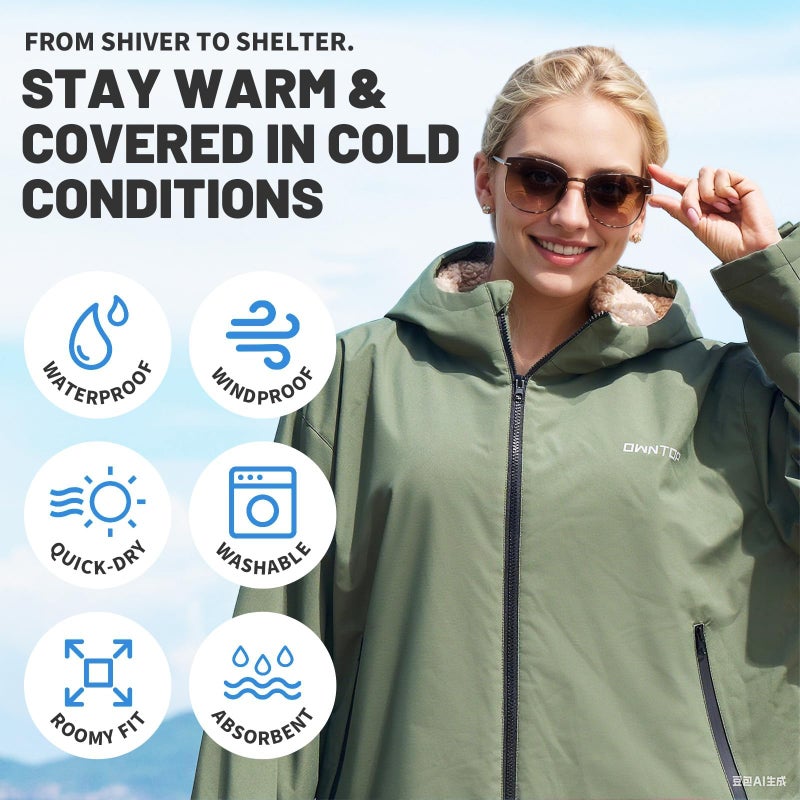 Owntop Swim Parka Kids, Waterproof Surf Poncho, Warm Sherpa Lining, Oversized Hooded Changing Robe Swimming Coat for Beach Pool (Green, XXS) - Image 3