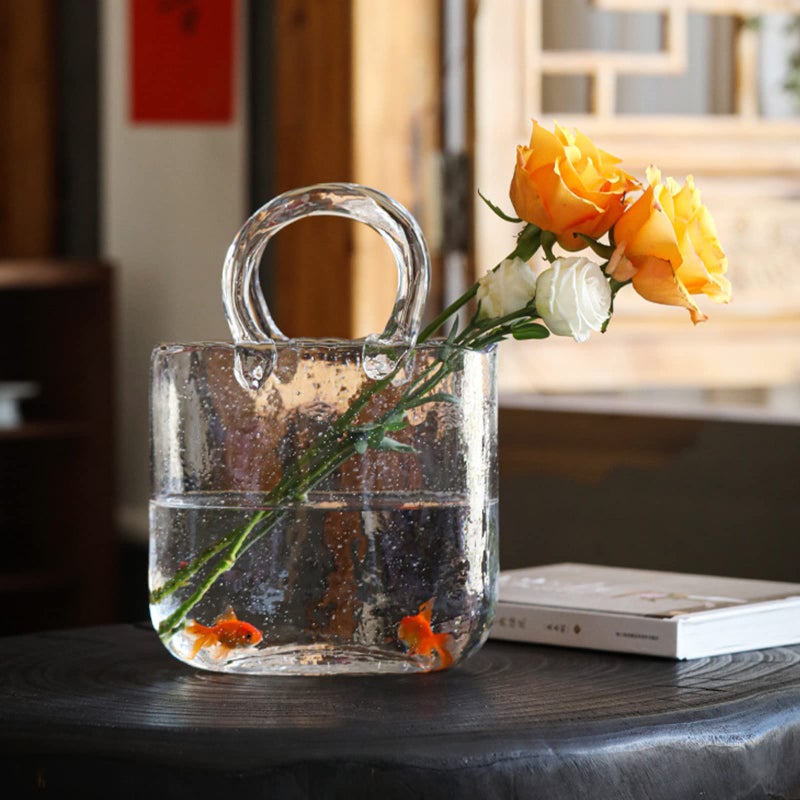 WMM Glass Vase with Elegant Purse Design, Hand Purse vase with Fish Bowl, Unique Flower Vase with Handle and Bubbles - for Home Decor/Office/Garden/Wedding Decor/Enterpiece/Events(Transparent) - Image 2