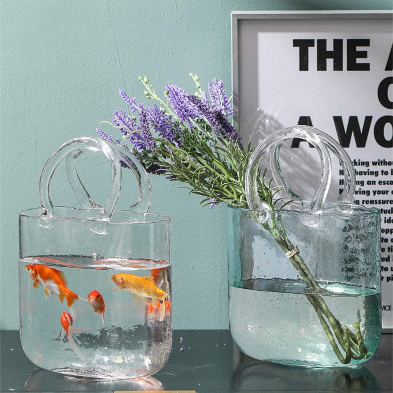 WMM Glass Vase with Elegant Purse Design, Hand Purse vase with Fish Bowl, Unique Flower Vase with Handle and Bubbles - for Home Decor/Office/Garden/Wedding Decor/Enterpiece/Events(Transparent) - Image 4