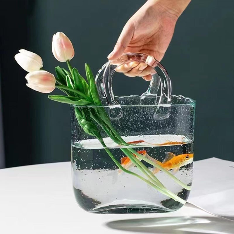 WMM Glass Vase with Elegant Purse Design, Hand Purse vase with Fish Bowl, Unique Flower Vase with Handle and Bubbles - for Home Decor/Office/Garden/Wedding Decor/Enterpiece/Events(Transparent) - Image 1