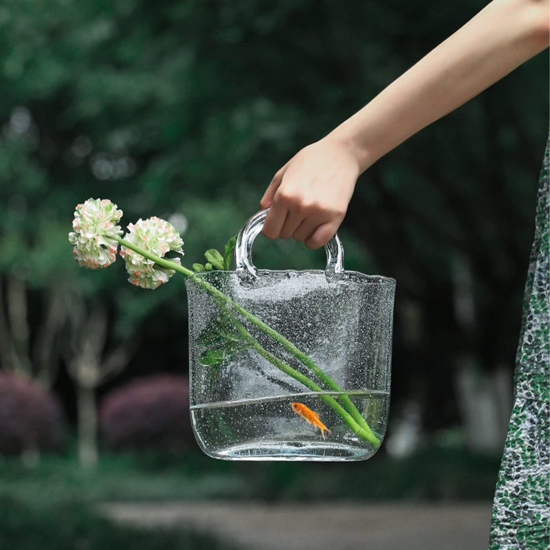WMM Glass Vase with Elegant Purse Design, Hand Purse vase with Fish Bowl, Unique Flower Vase with Handle and Bubbles - for Home Decor/Office/Garden/Wedding Decor/Enterpiece/Events(Transparent) - Image 3