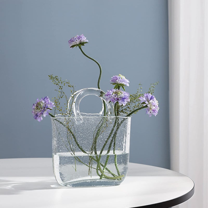 WMM Glass Vase with Elegant Purse Design, Hand Purse vase with Fish Bowl, Unique Flower Vase with Handle and Bubbles - for Home Decor/Office/Garden/Wedding Decor/Enterpiece/Events(Transparent) - Image 5