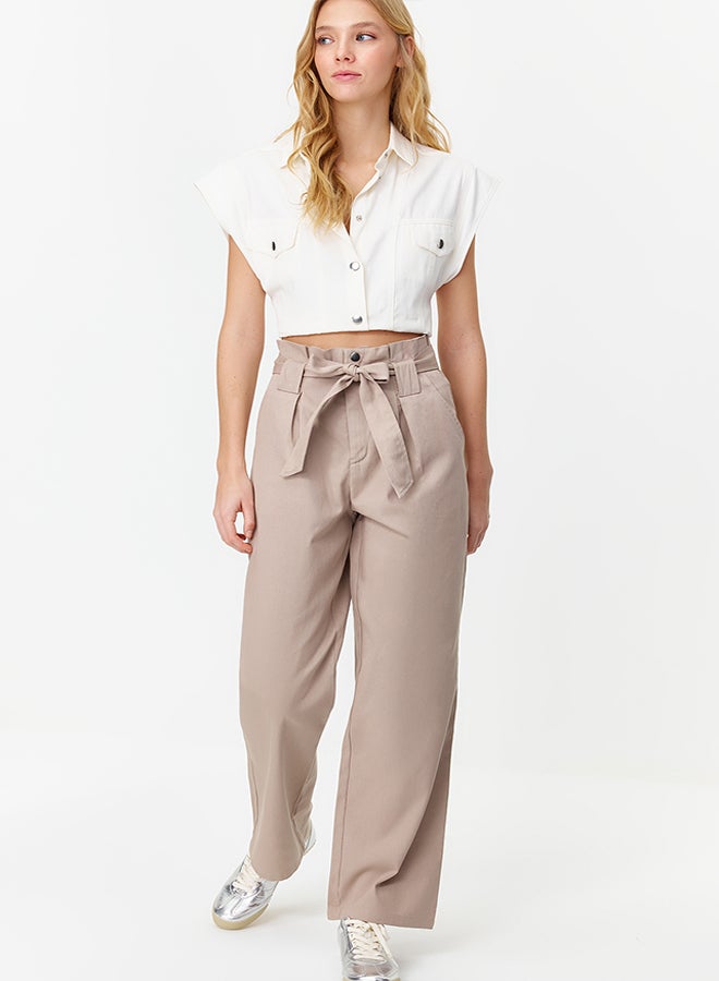 trendyol Beige Carrot Pattern Belted Woven Trousers TWOSS24PL00058  - Image 1