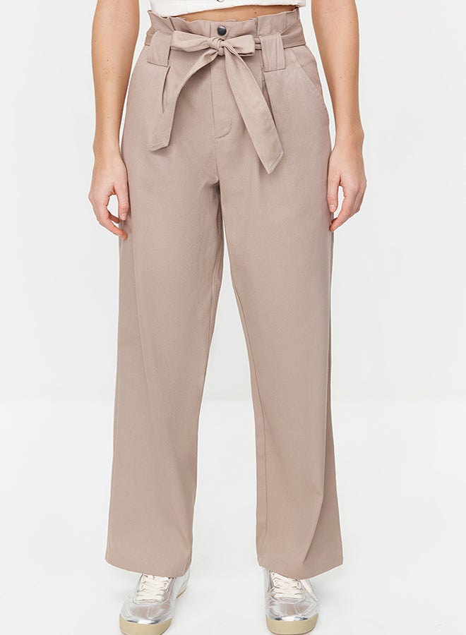 trendyol Beige Carrot Pattern Belted Woven Trousers TWOSS24PL00058  - Image 4