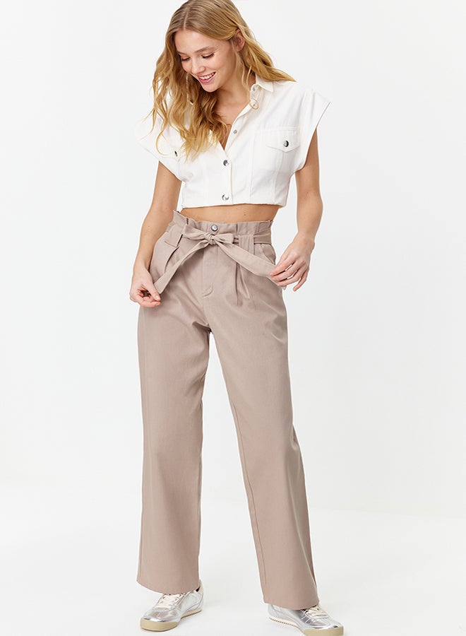 trendyol Beige Carrot Pattern Belted Woven Trousers TWOSS24PL00058  - Image 3
