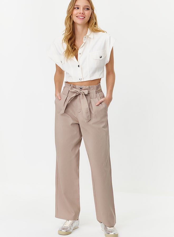 trendyol Beige Carrot Pattern Belted Woven Trousers TWOSS24PL00058  - Image 2