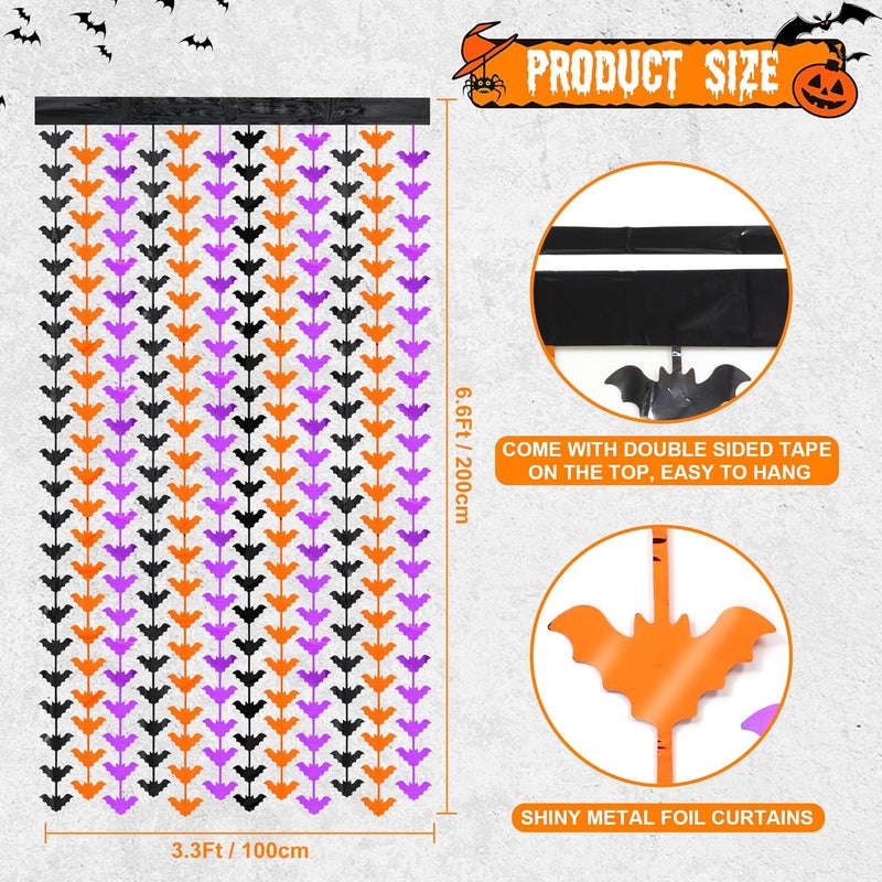 HALOGATE Halloween Party Decorations,2 Pack Orange Purple Black Bats Metallic Foil Fringe Curtains, 3.3 X 6.6 Ft Photo Booth Props Streamers Backdrop for Halloween Holiday Birthday Haunted House Decor - Image 2