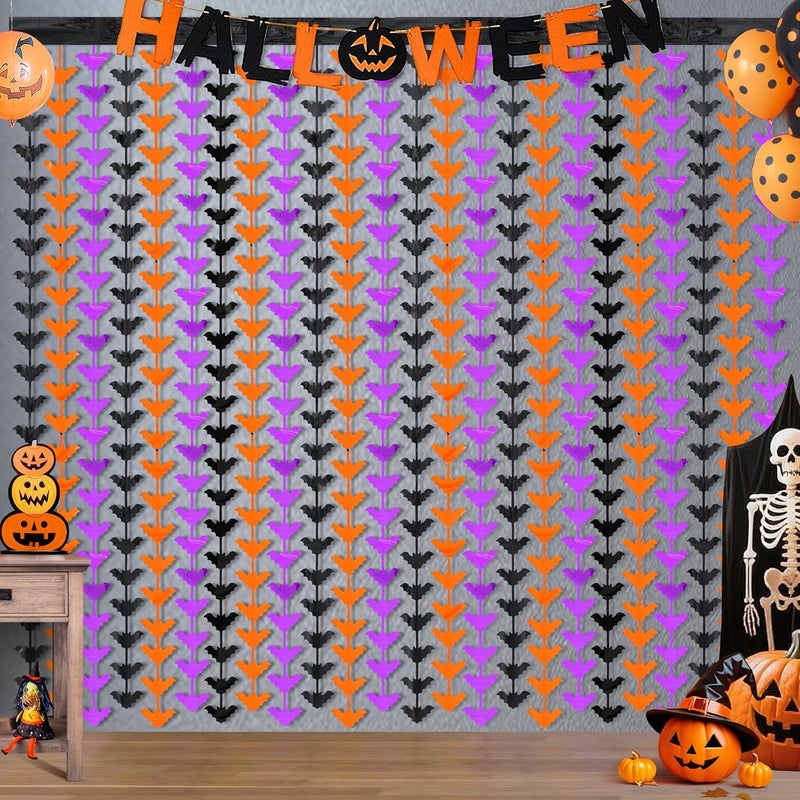 HALOGATE Halloween Party Decorations,2 Pack Orange Purple Black Bats Metallic Foil Fringe Curtains, 3.3 X 6.6 Ft Photo Booth Props Streamers Backdrop for Halloween Holiday Birthday Haunted House Decor - Image 1