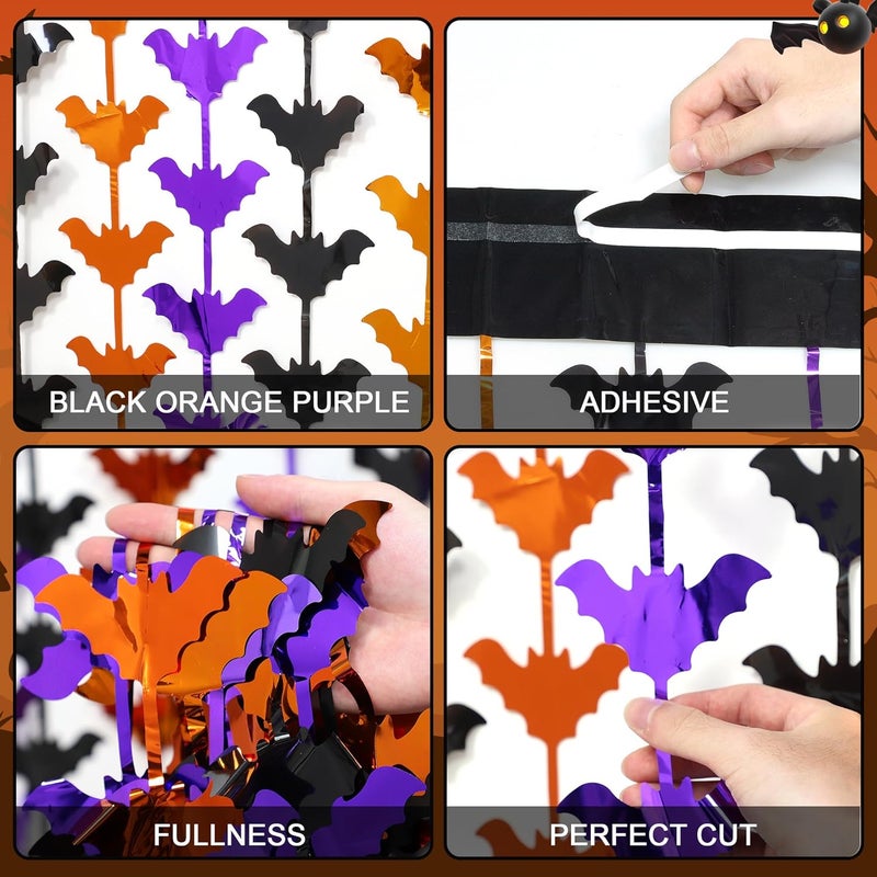 HALOGATE Halloween Party Decorations,2 Pack Orange Purple Black Bats Metallic Foil Fringe Curtains, 3.3 X 6.6 Ft Photo Booth Props Streamers Backdrop for Halloween Holiday Birthday Haunted House Decor - Image 3