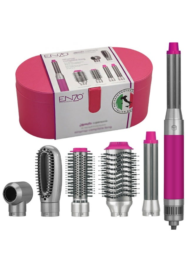 إنزو مجموعة 1Belle EN-4133 فرشاة الهواء الساخن بالأشعة تحت الحمراء 6 في 1 – أداة تصفيف شعر احترافية مع رؤوس قابلة للتغيير، فرشاة تجفيف للشعر الطويل، باللون الوردي والمرجاني - Image 1