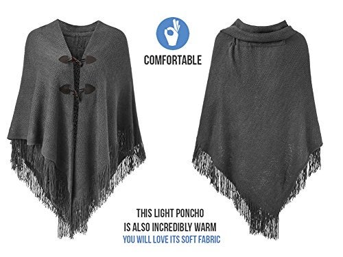 Ferand Shawl Wraps for Women – Toggle Closure, Elegant Fringe Shawl for Travel, Work, or Casual Outfits, Perfect for Fall Layering, Dark grey - Image 3