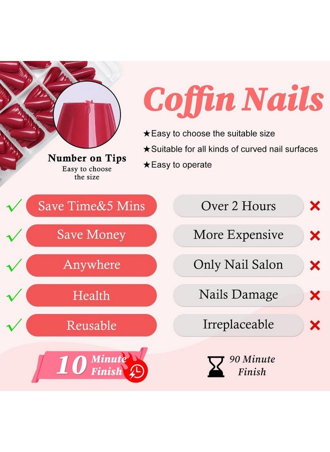 لاك فورايفر - 240 قطعة من أظافر Coffin Press On Nails، أظافر صناعية متوسطة الحجم، أظافر لاصقة حمراء، أظافر قصيرة من نوع Coffin، أظافر أكريليك صناعية، أظافر صناعية كاملة التغطية مع علامات تبويب لاصقة - Image 1