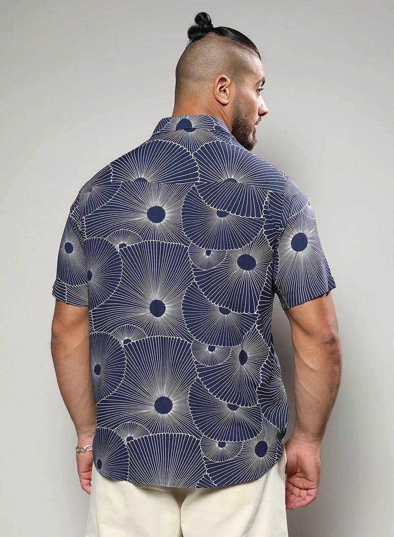 Instafab Plus Instafab Plus Men's Navy Blue Mushroom Print Button Up Plus-Size Fit Shirt For Casual Wear | Heavy Rayon Spread Collar Shirt Crafted With Regular Sleeve & Comfort Fit For Everyday Wear