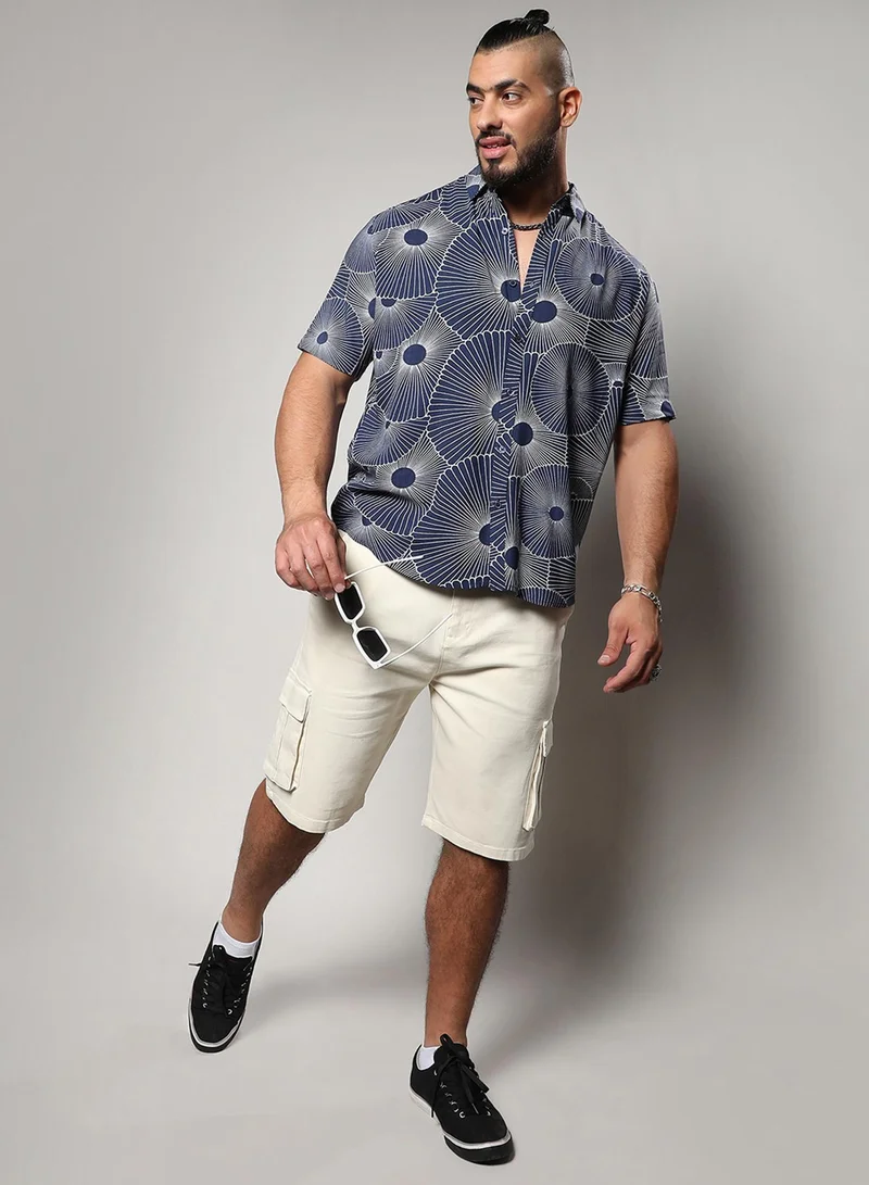 Instafab Plus Instafab Plus Men's Navy Blue Mushroom Print Button Up Plus-Size Fit Shirt For Casual Wear | Heavy Rayon Spread Collar Shirt Crafted With Regular Sleeve & Comfort Fit For Everyday Wear