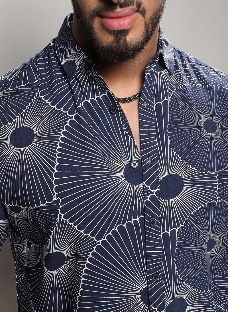 Instafab Plus Instafab Plus Men's Navy Blue Mushroom Print Button Up Plus-Size Fit Shirt For Casual Wear | Heavy Rayon Spread Collar Shirt Crafted With Regular Sleeve & Comfort Fit For Everyday Wear