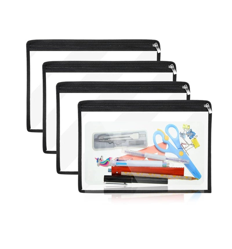Lify Clear Zipper Waterproof Pouches Pencil Pouchs Makeup Pouch Envelopes Folder Storage Multi Purpose Pouch Organization Bags, Office Supplies- 4 Piece Pack (Black- 4Piece) - Image 1