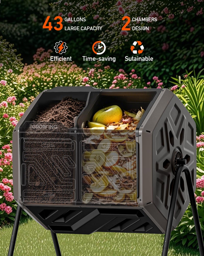 THE GROW'ING THEGROW'ING Updated 43 Gallon Compost Bin Outdoor, Fast Assemble Tumbling Composter, Dual Chamber Composter Tumbler, Rotating Compost Bin for Outside, Backyard, Garden and Yard, Coffee - Image 4