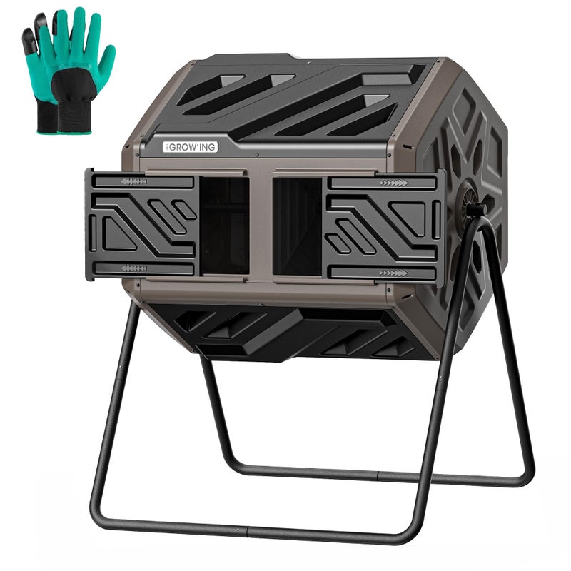 THE GROW'ING THEGROW'ING Updated 43 Gallon Compost Bin Outdoor, Fast Assemble Tumbling Composter, Dual Chamber Composter Tumbler, Rotating Compost Bin for Outside, Backyard, Garden and Yard, Coffee - Image 1