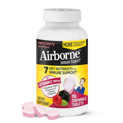 Airborne Vitamin C 1000mg per Serving Very Berry Chewable Tablets 116 Count in a Bottle GlutenFree Immune Support Supplement with Vitamins A C E Zinc Selenium Ginger Antioxidants