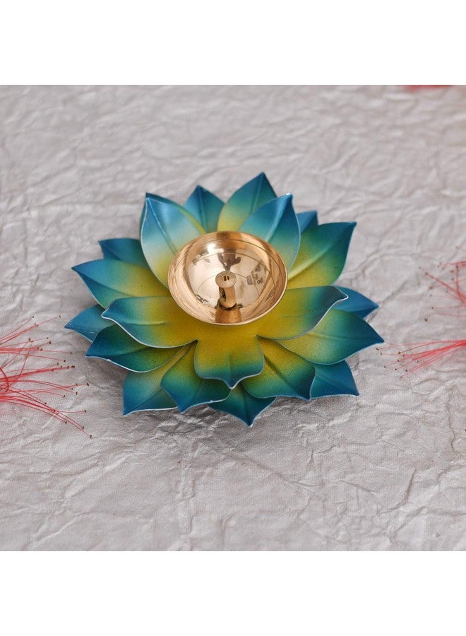 Collectible India Collectible India Lotus Diya Puja Oil Lamp - Metal Handpainted Deepak -Home Temple Puja Articles Decor (Blue 5.5 X 1.5 Inch)  - Image 1