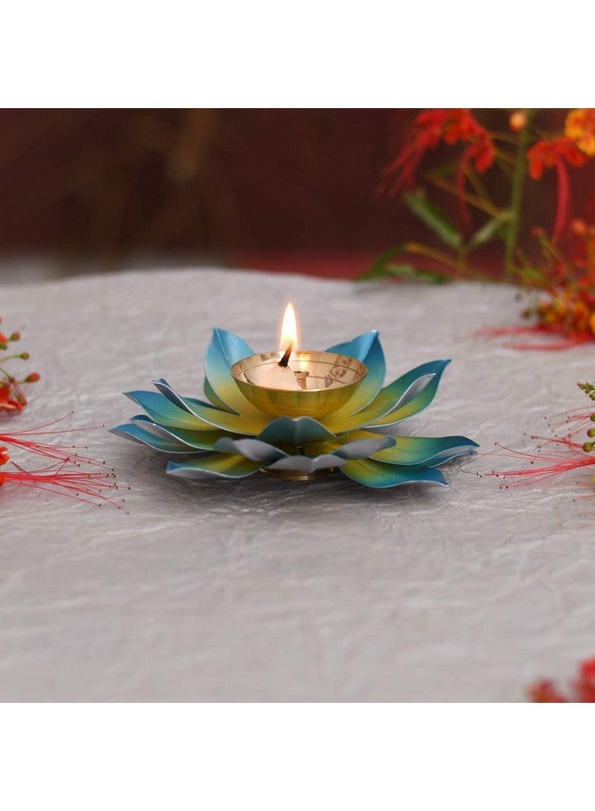 Collectible India Collectible India Lotus Diya Puja Oil Lamp - Metal Handpainted Deepak -Home Temple Puja Articles Decor (Blue 5.5 X 1.5 Inch)  - Image 2