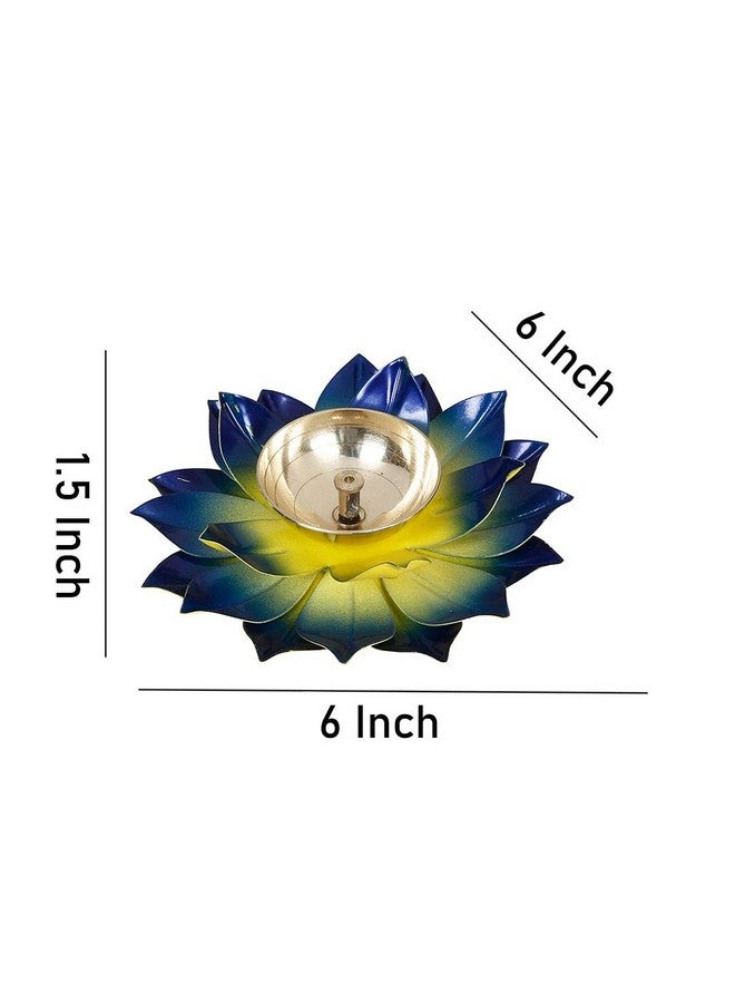 Collectible India Collectible India Lotus Diya Puja Oil Lamp - Metal Handpainted Deepak -Home Temple Puja Articles Decor (Blue 5.5 X 1.5 Inch)  - Image 5