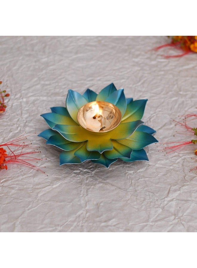 Collectible India Collectible India Lotus Diya Puja Oil Lamp - Metal Handpainted Deepak -Home Temple Puja Articles Decor (Blue 5.5 X 1.5 Inch)  - Image 3